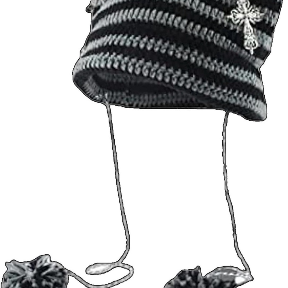 Cat Beanie Striped Black and Gray Knit